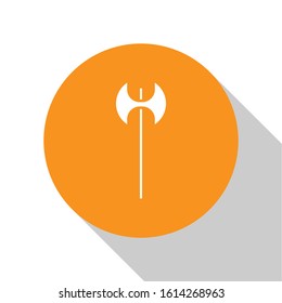 White Medieval axe icon isolated on white background. Battle axe, executioner axe. Medieval weapon. Orange circle button. Vector Illustration