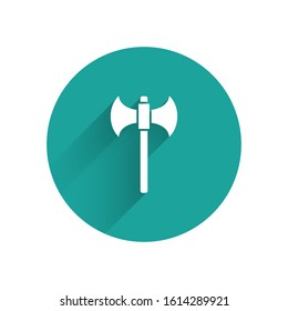White Medieval axe icon isolated with long shadow. Battle axe, executioner axe. Green circle button. Vector Illustration