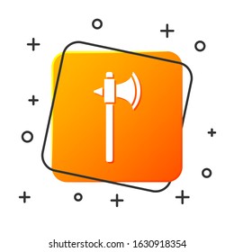 White Medieval axe icon isolated on white background. Battle axe, executioner axe. Orange square button. Vector Illustration