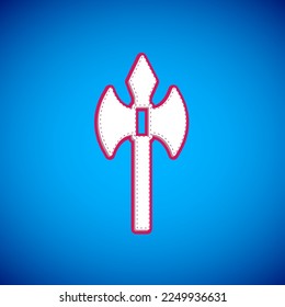 White Medieval axe icon isolated on blue background. Battle axe, executioner axe. Medieval weapon.  Vector