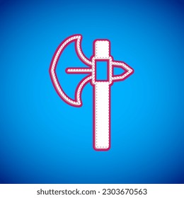 White Medieval axe icon isolated on blue background. Battle axe, executioner axe. Medieval weapon.  Vector
