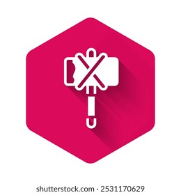 White Medieval axe icon isolated with long shadow background. Battle axe, executioner axe. Medieval weapon. Pink hexagon button. Vector