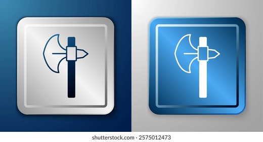 White Medieval axe icon isolated on blue and grey background. Battle axe, executioner axe. Medieval weapon. Silver and blue square button. Vector