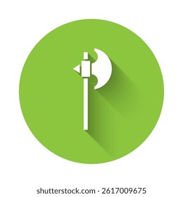 White Medieval axe icon isolated with long shadow. Battle axe, executioner axe. Medieval weapon. Green circle button. Vector