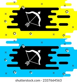 Icono de flecha y arco medieval blanco aislado en fondo negro. arma medieval.  Vector
