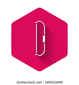 White Medieval bow icon isolated with long shadow. Medieval weapon. Pink hexagon button. Vector Illustration