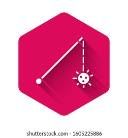 White Medieval chained mace ball icon isolated with long shadow. Medieval weapon. Pink hexagon button. Vector Illustration