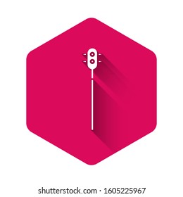 White Medieval chained mace ball icon isolated with long shadow. Medieval weapon. Pink hexagon button. Vector Illustration