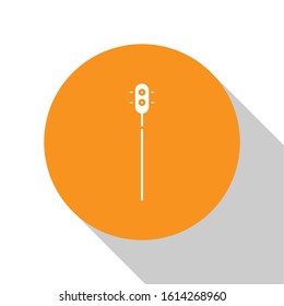 White Medieval chained mace ball icon isolated on white background. Medieval weapon. Orange circle button. Vector Illustration