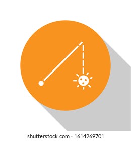 White Medieval chained mace ball icon isolated on white background. Medieval weapon. Orange circle button. Vector Illustration