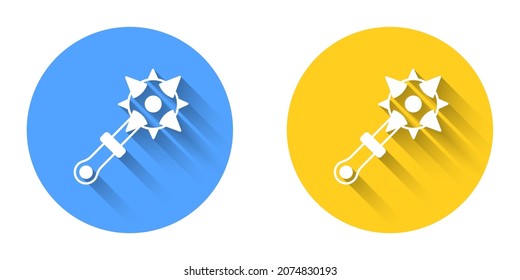 White Medieval chained mace ball icon isolated with long shadow background. Morgenstern medieval weapon or mace with spikes. Circle button. Vector