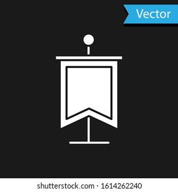 White Medieval flag icon isolated on black background. Country, state, or territory ruled by a king or queen.  Vector Illustration
