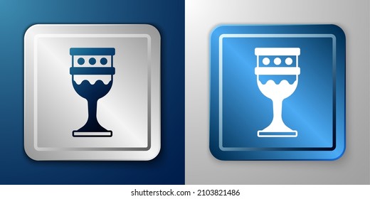 White Medieval goblet icon isolated on blue and grey background. Holy grail. Silver and blue square button. Vector