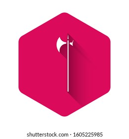 White Medieval halberd icon isolated with long shadow. Medieval weapon. Pink hexagon button. Vector Illustration