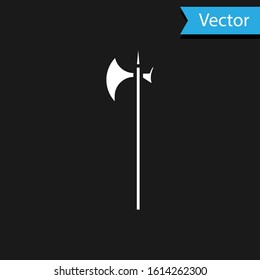 White Medieval halberd icon isolated on black background. Medieval weapon.  Vector Illustration