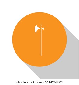 White Medieval halberd icon isolated on white background. Medieval weapon. Orange circle button. Vector Illustration