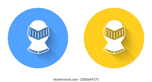 White Medieval iron helmet for head protection icon isolated with long shadow background. Knight helmet. Circle button. Vector