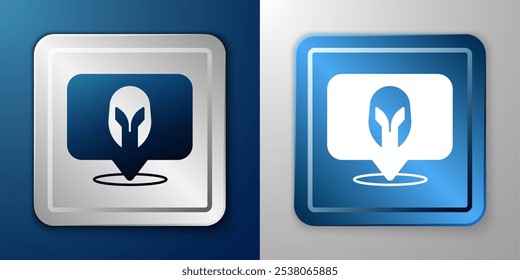 White Medieval iron helmet for head protection icon isolated on blue and grey background. Knight helmet. Silver and blue square button. Vector