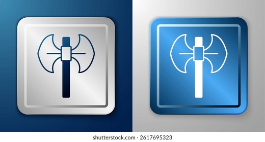 White Medieval poleaxe icon isolated on blue and grey background. Silver and blue square button. Vector