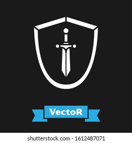White Medieval shield with sword icon isolated on black background.  Vector Illustration