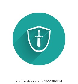 White Medieval shield with sword icon isolated with long shadow. Green circle button. Vector Illustration
