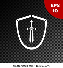White Medieval shield with sword icon isolated on transparent dark background.  Vector Illustration