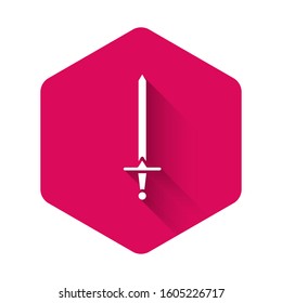 White Medieval sword icon isolated with long shadow. Medieval weapon. Pink hexagon button. Vector Illustration