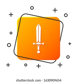 White Medieval sword icon isolated on white background. Orange square button. Vector Illustration