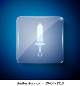White Medieval sword icon isolated on blue background. Medieval weapon. Square glass panels. Vector