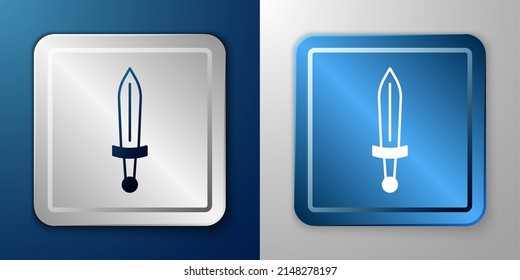 White Medieval sword icon isolated on blue and grey background. Medieval weapon. Silver and blue square button. Vector