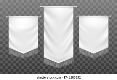 White medieval template banners. Fabric blank folded textile vertical flags with fringe, cloth wrinkle mediaeval banner with corner set isolated on transparent background