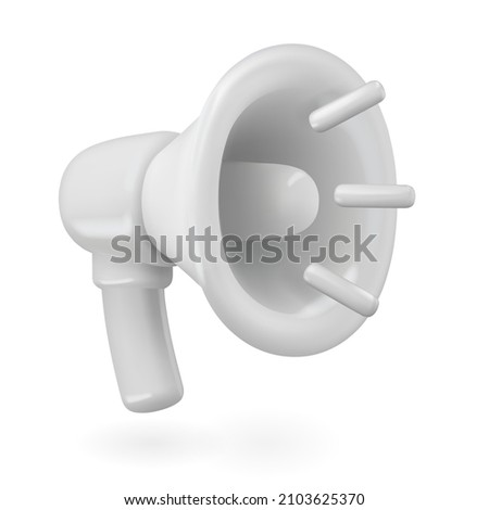 White megaphone 3d realistic icon. Speakerphone with sound waves isolated on white background. Vector speaker illustration