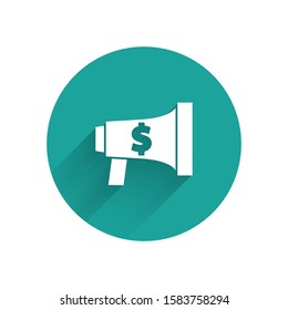 White Megaphone and dollar icon isolated with long shadow. Loud speach alert concept. Bullhorn for Mouthpiece scream promotion. Green circle button. Vector Illustration