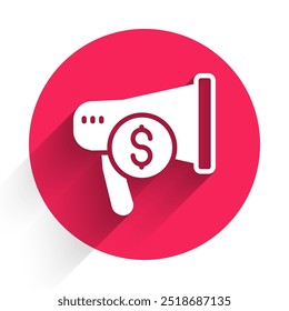 Megafone branco e ícone de dólar isolado com sombra longa. Conceito de alerta de fala alta. Bullhorn para a promoção de gritos. Botão de círculo vermelho. Vetor