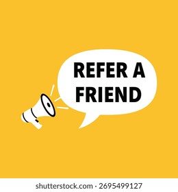 Um megafone branco emite um balão de fala com as palavras REFER A FRIEND, simbolizando um programa de encaminhamento ou convite para compartilhar.