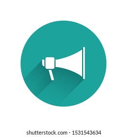 White Megaphone icon isolated with long shadow. Speaker sign. Green circle button. Vector Illustration