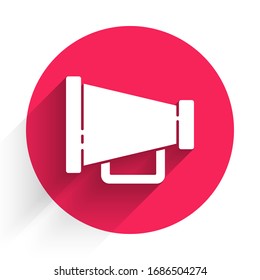 White Megaphone icon isolated with long shadow. Speaker sign. Red circle button. Vector Illustration