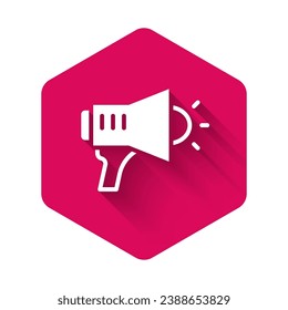 White Megaphone icon isolated with long shadow background. Speaker sign. Pink hexagon button. Vector
