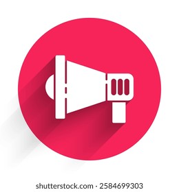 White Megaphone icon isolated with long shadow. Speaker sign. Red circle button. Vector Illustration