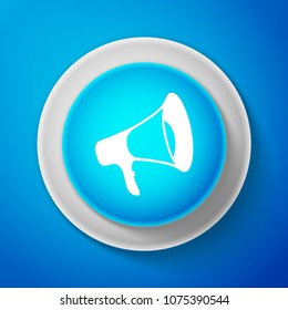 White Megaphone icon isolated on blue background. Circle blue button with white line. Vector Illustration