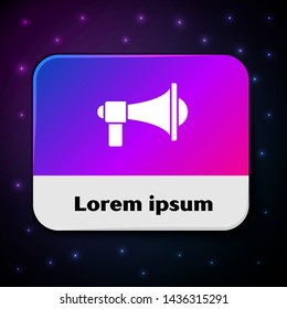 White Megaphone icon isolated on black background. Loud speach alert concept. Bullhorn for Mouthpiece scream promotion. Rectangle color button. Vector Illustration