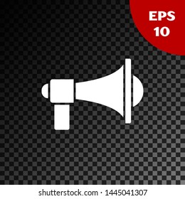 White Megaphone icon isolated on transparent dark background. Loud speach alert concept. Bullhorn for Mouthpiece scream promotion.  Vector Illustration