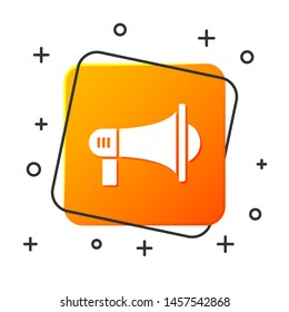 White Megaphone icon isolated on white background. Loud speach alert concept. Bullhorn for Mouthpiece scream promotion. Orange square button. Vector Illustration