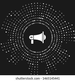 White Megaphone icon isolated on grey background. Loud speach alert concept. Bullhorn for Mouthpiece scream promotion. Abstract circle random dots. Vector Illustration