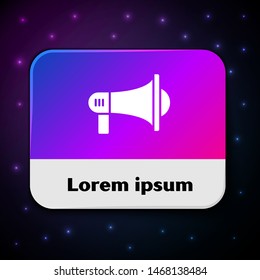 White Megaphone icon isolated on black background. Loud speach alert concept. Bullhorn for Mouthpiece scream promotion. Rectangle color button. Vector Illustration