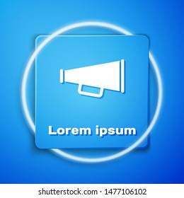 White Megaphone icon isolated on blue background. Blue square button. Vector Illustration