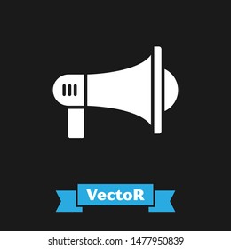 White Megaphone icon isolated on black background. Loud speach alert concept. Bullhorn for Mouthpiece scream promotion.  Vector Illustration