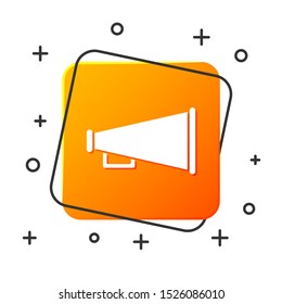 White Megaphone icon isolated on white background. Speaker sign. Orange square button. Vector Illustration