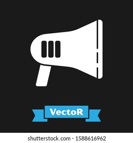 White Megaphone icon isolated on black background. Loud speach alert concept. Bullhorn for Mouthpiece scream promotion.  Vector Illustration