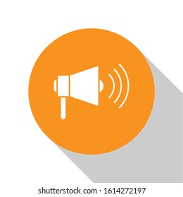 White Megaphone icon isolated on white background. Loud speach alert concept. Bullhorn for Mouthpiece scream promotion. Orange circle button. Vector Illustration